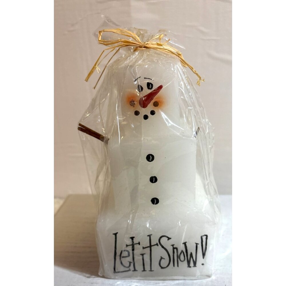 Let It Snow Snowman Shaped Candle Rattan Bow 7" Tall
